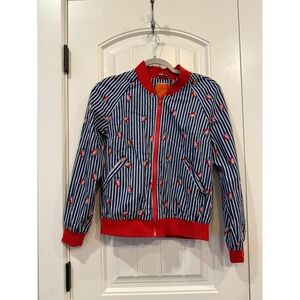 ModCloth Strawberry Print Striped Bomber Jacket‎ Size Small Blue Red